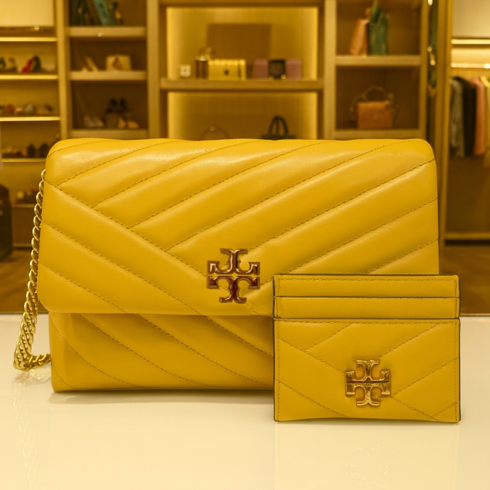 NEW Tory Burch Kira Chevron Yellow Small Convertible Shoulder Bag + Card Case